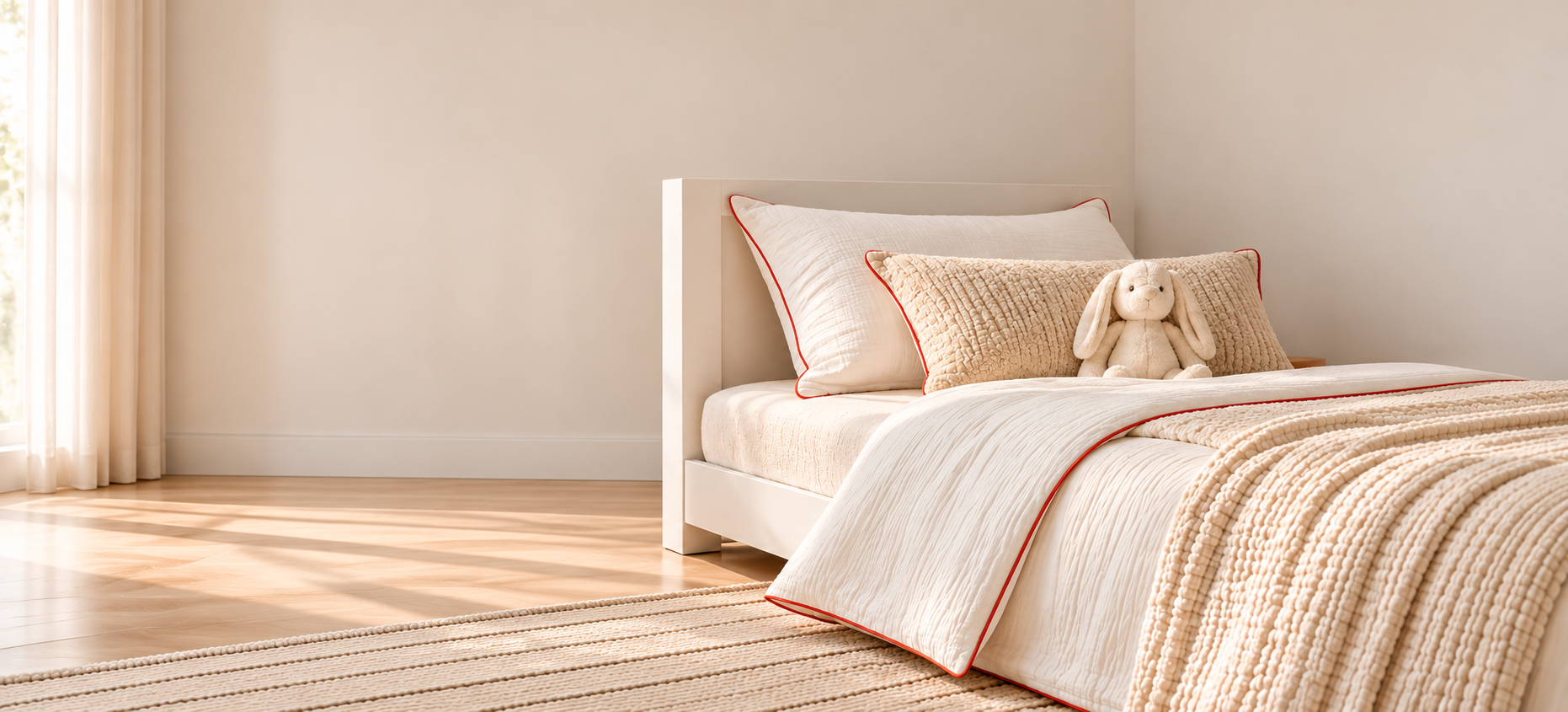 Warm bedroom with white bedding and a soft bunny toy