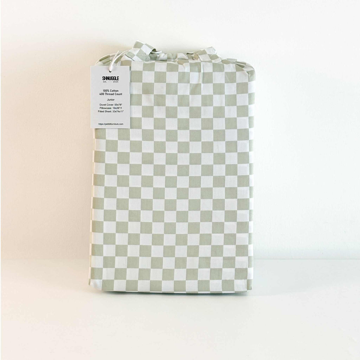 Sage Checker bedding set with duvet cover, fitted sheet, and pillowcase in soft 400-thread-count cotton