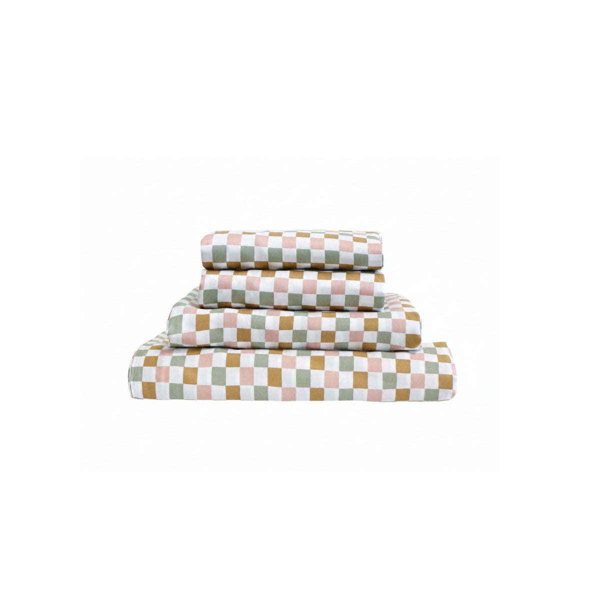 Colorful checker bedding set with duvet cover, fitted sheet, and pillowcase in sage green