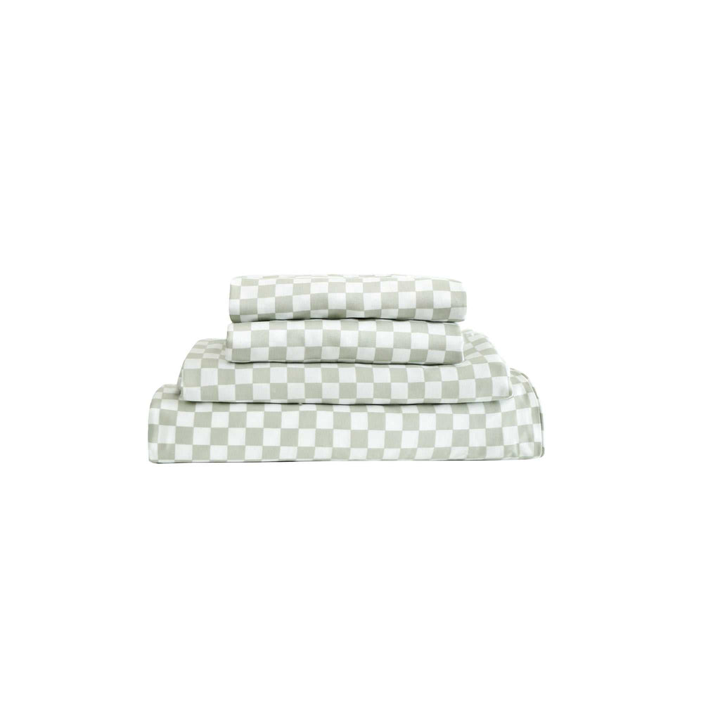 Sage Checker 3-piece bedding set with duvet cover, fitted sheet, and pillowcase in soft cotton
