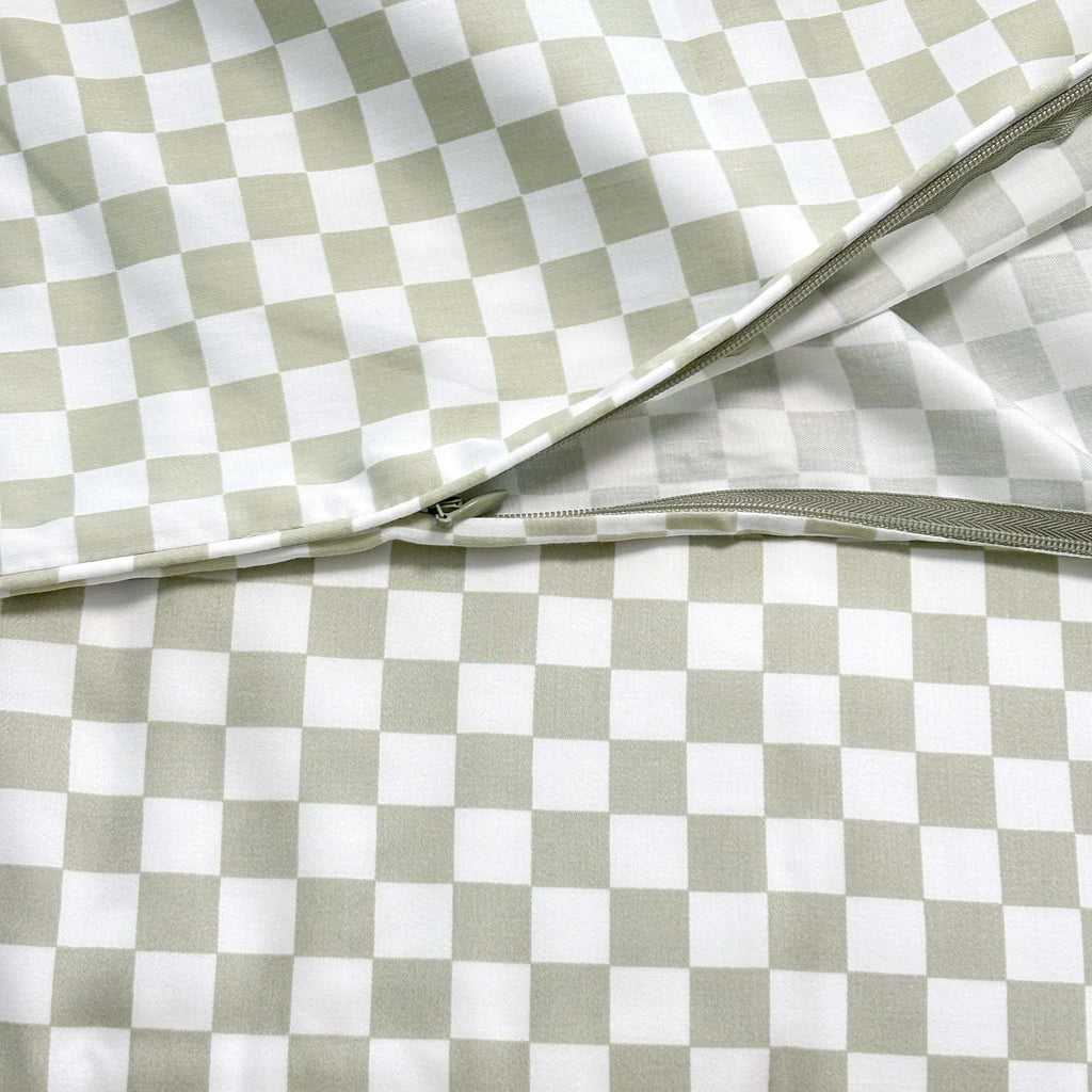 Sage Checker bedding set with duvet cover, fitted sheet, and pillowcase in soft green cotton