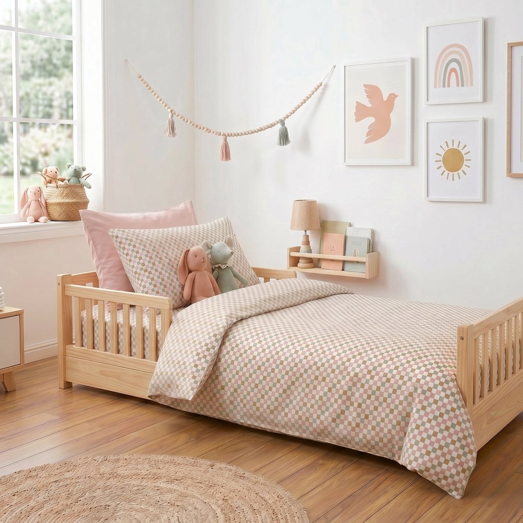 Colorful checker bedding set with snaps on bed