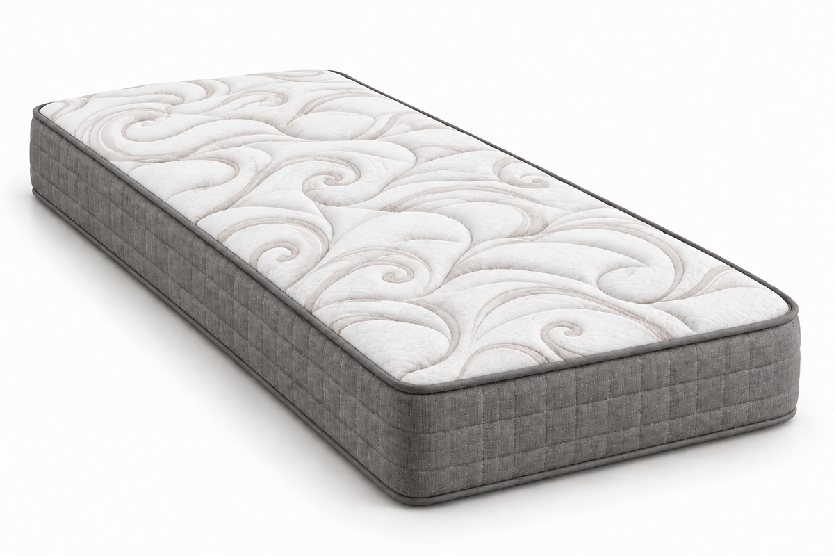 Classic Plush mattress with a white quilted top, subtle taupe swirls, and gray sides