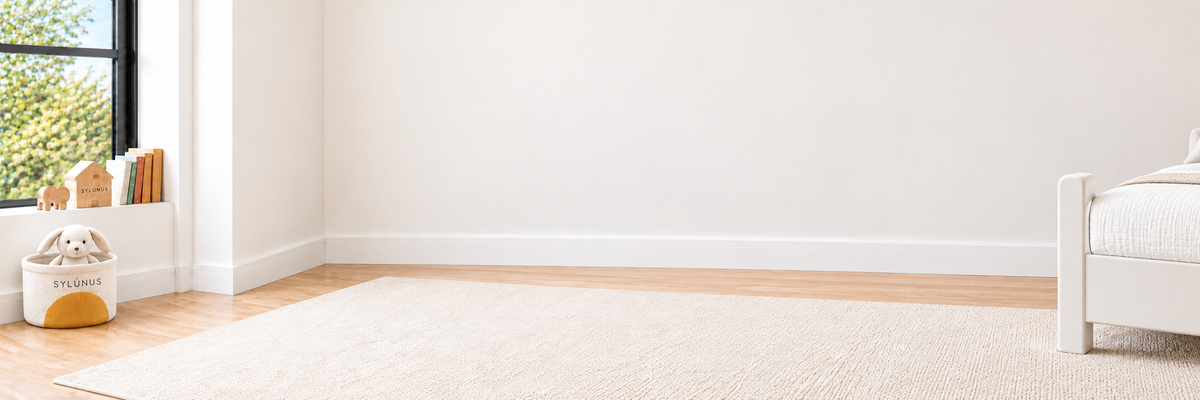 Bright SylúnUS room with an ivory rug, branded toy basket, and a glimpse of a white bed at the far right.