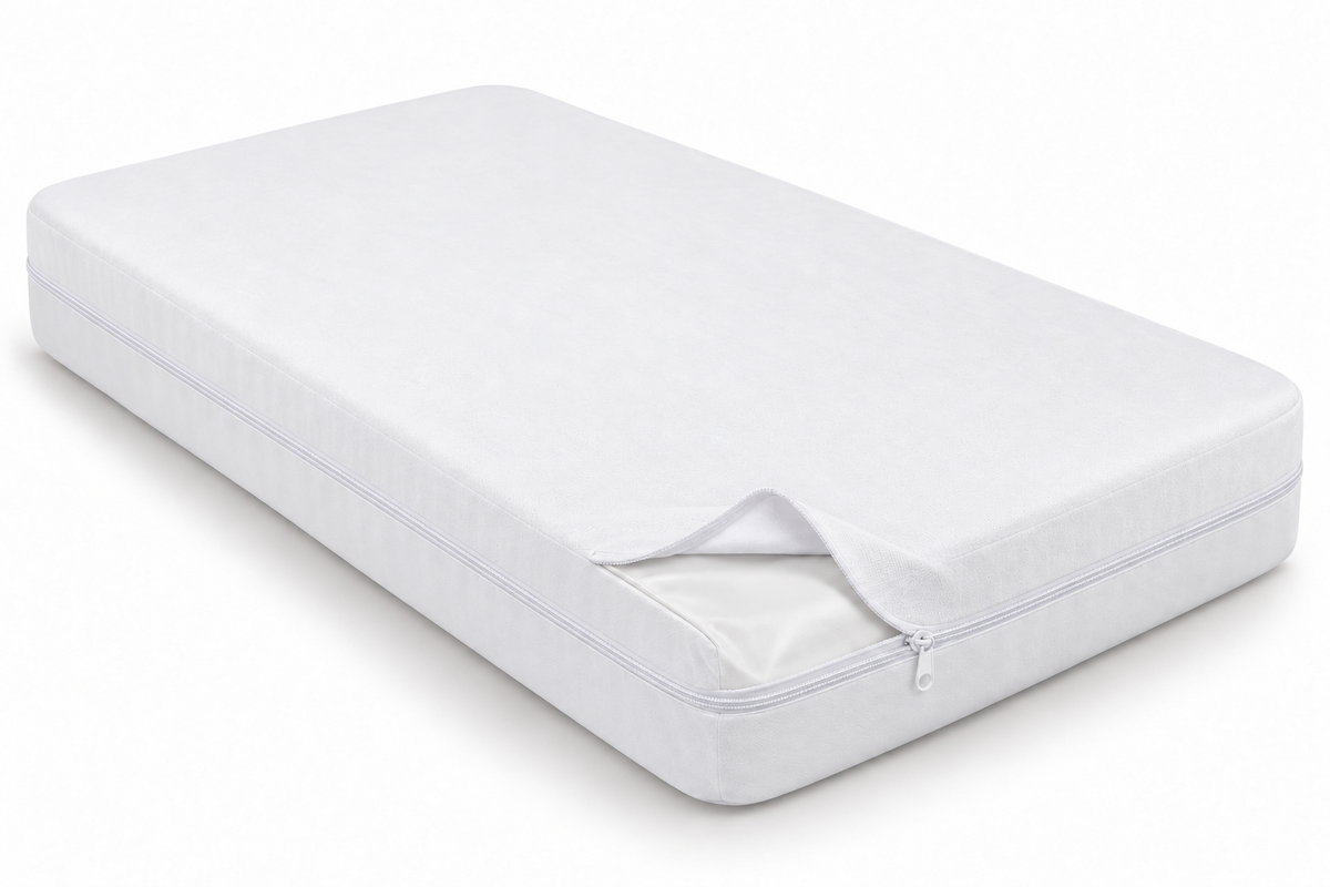 White cotton-top waterproof baby mattress cover with a centered wraparound zipper, 28 by 52 by 5 inches