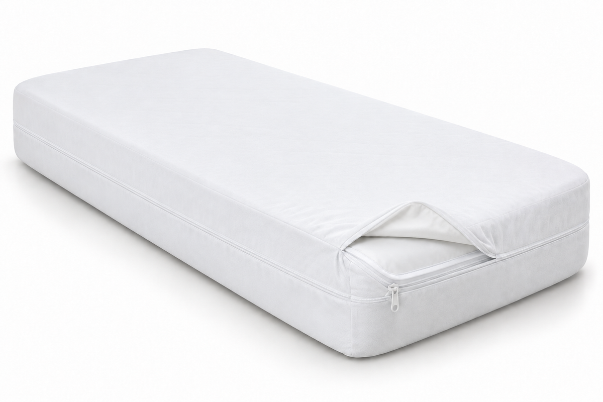 White cotton-top waterproof mattress cover with a centered wraparound zipper, 33 by 74 by 8 inches
