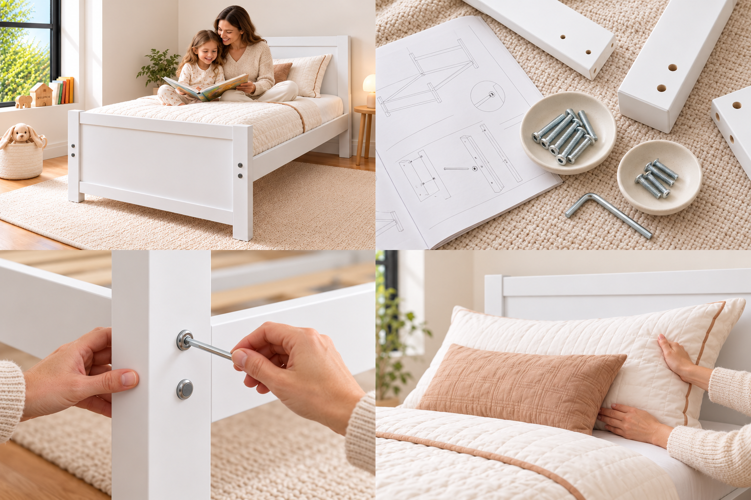 Instructions, sorted hardware, and an Allen key laid out on a protective blanket.