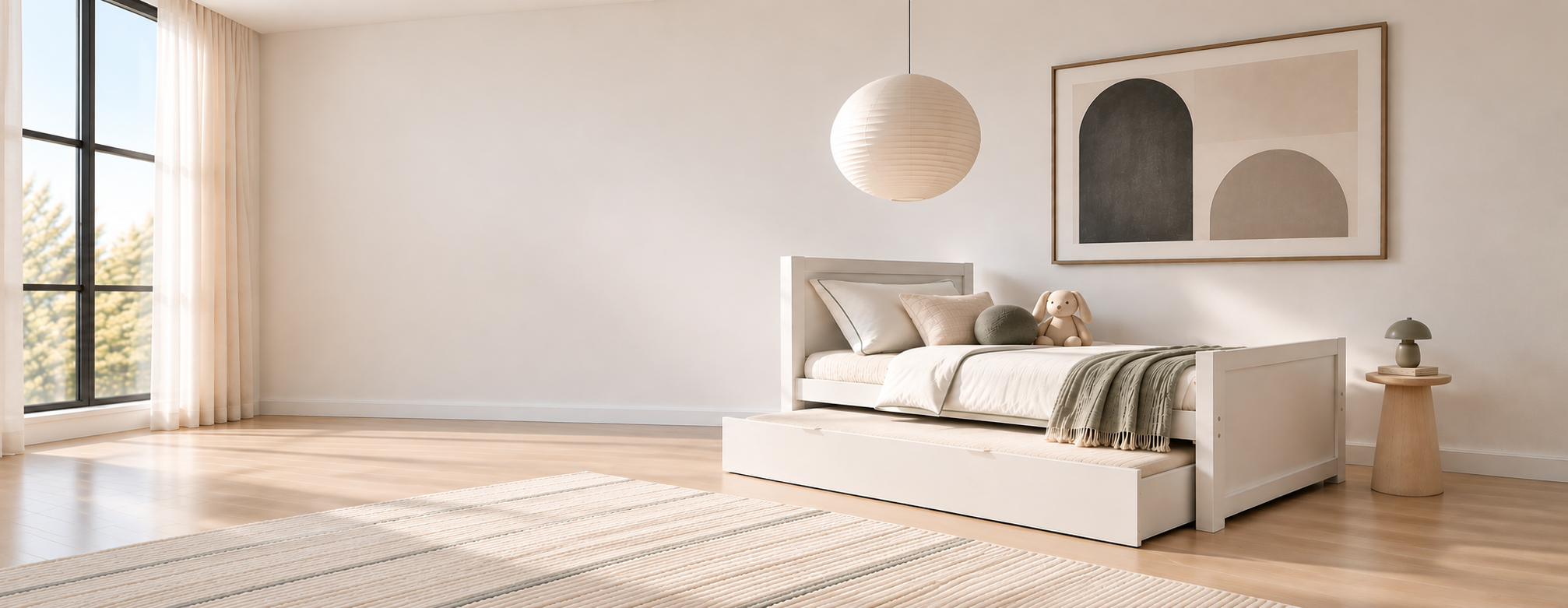 White trundle bed with soft neutral bedding in a warm Scandinavian room.